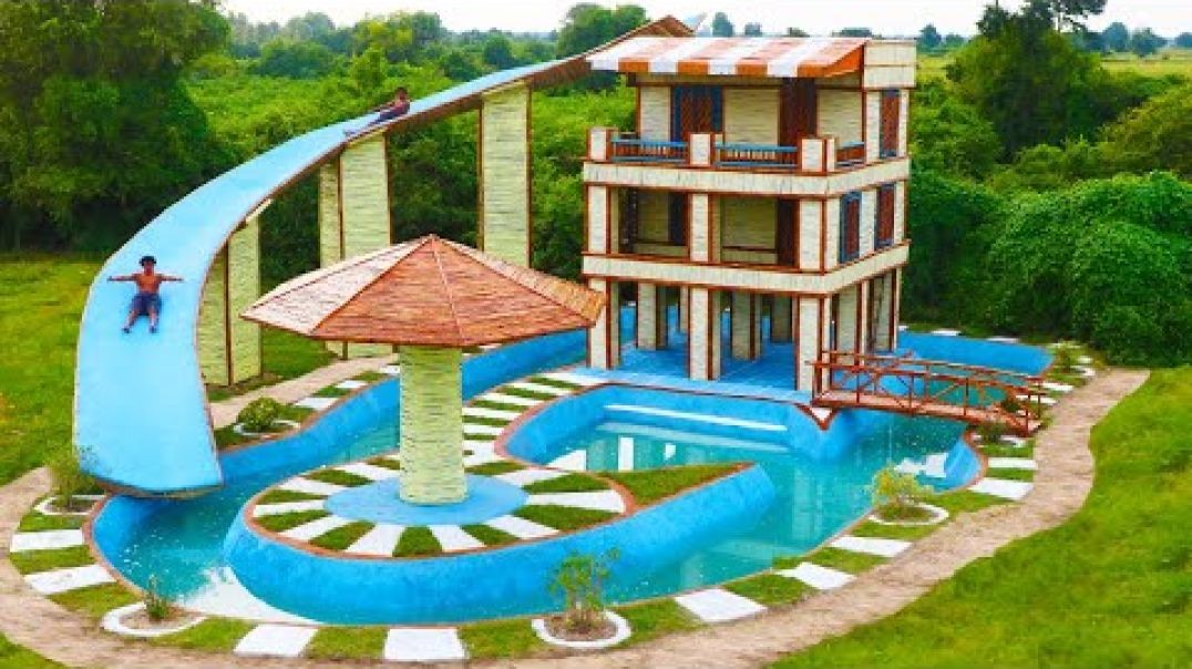 ⁣Build Beach Pool , 3 Story Resort Bamboo House, Flyover Water Slide