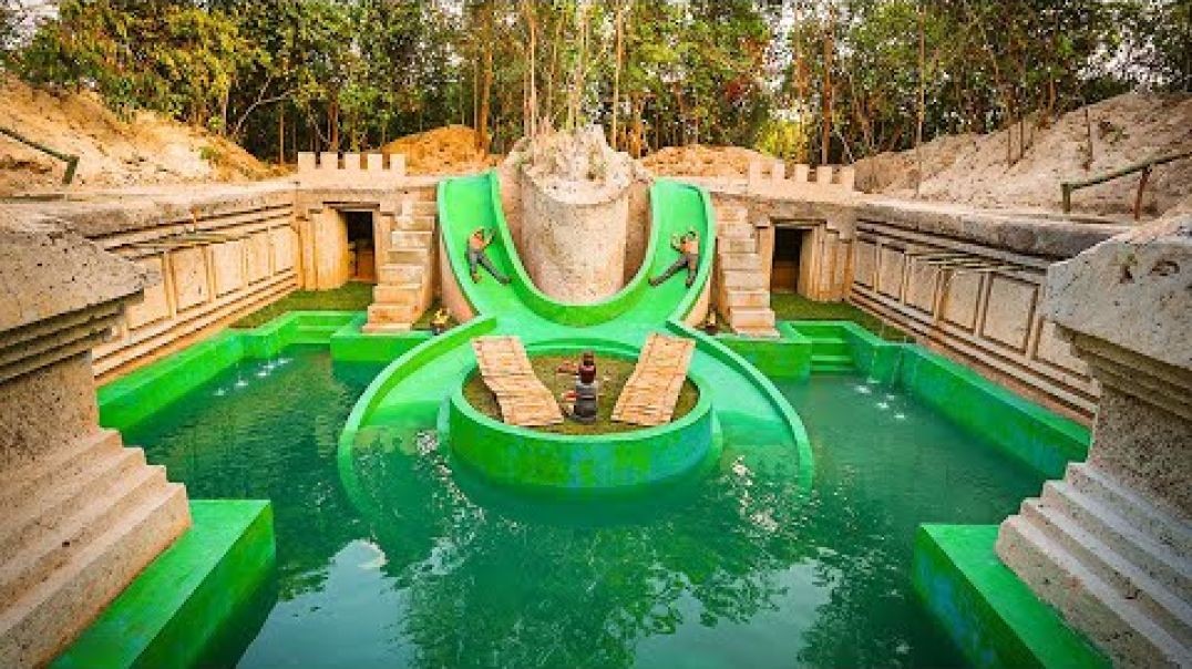 ⁣Survive in Rainforest Building Underground Water Slide Park and Swimming Pool House